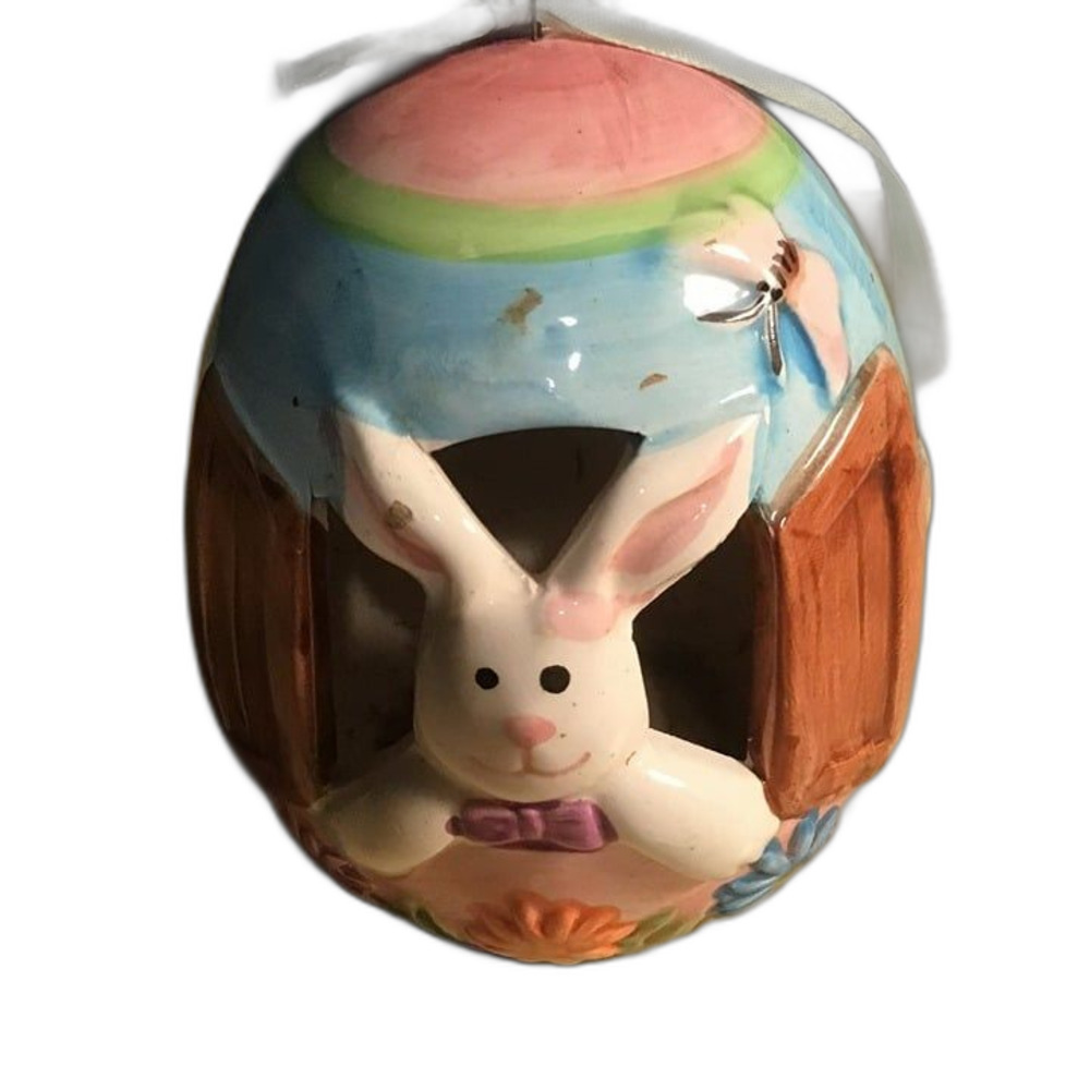Vintage Ceramic Easter Bunny Peeking Out of Egg Ornament - Hand-Painted Decor